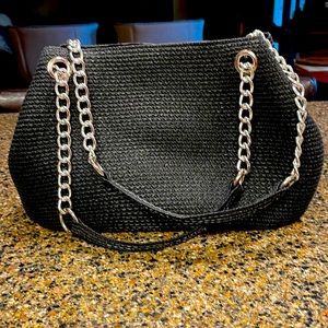 Black Straw Handbag with Silver Chain Handles